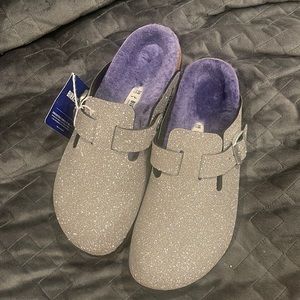 Birkenstock Boston silver glitter purple shearling clogs
